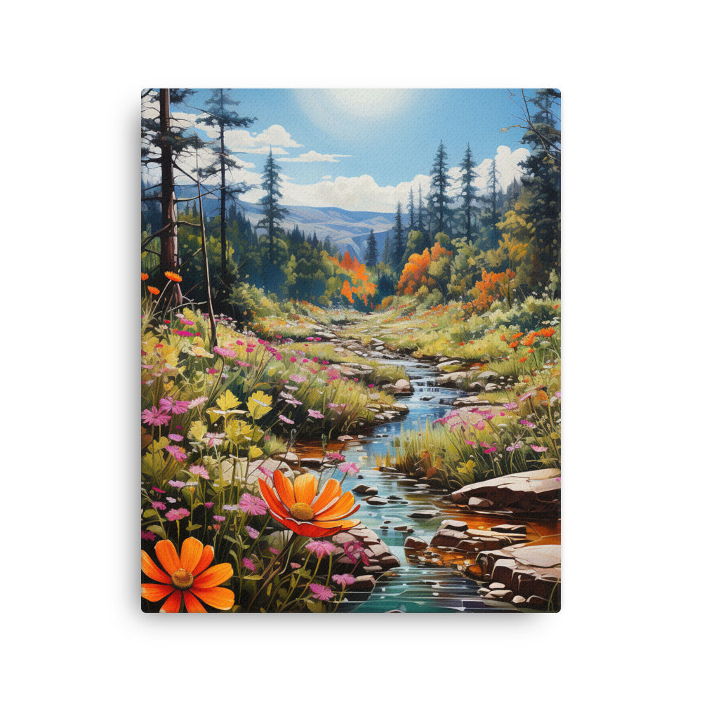 Berge, schöne Blumen und Bach im Wald - Dünne Leinwand berge xxx 40.6 x 50.8 cm