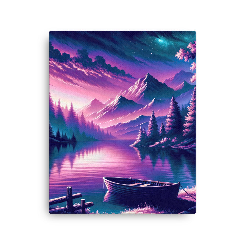 Magische Alpen-Dämmerung, rosa-lila Himmel und Bergsee mit Boot - Dünne Leinwand berge xxx yyy zzz 40.6 x 50.8 cm