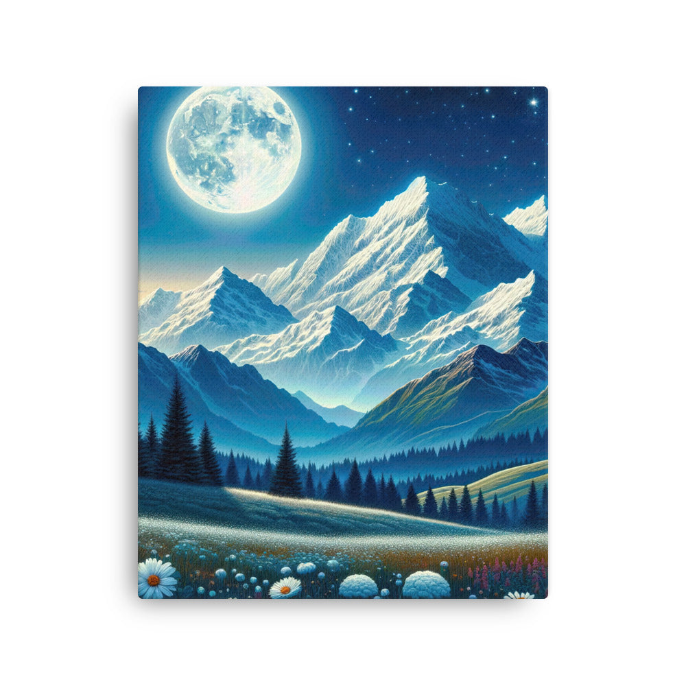 Klare frühlingshafte Alpennacht mit Blumen und Vollmond über Schneegipfeln - Dünne Leinwand berge xxx yyy zzz 40.6 x 50.8 cm