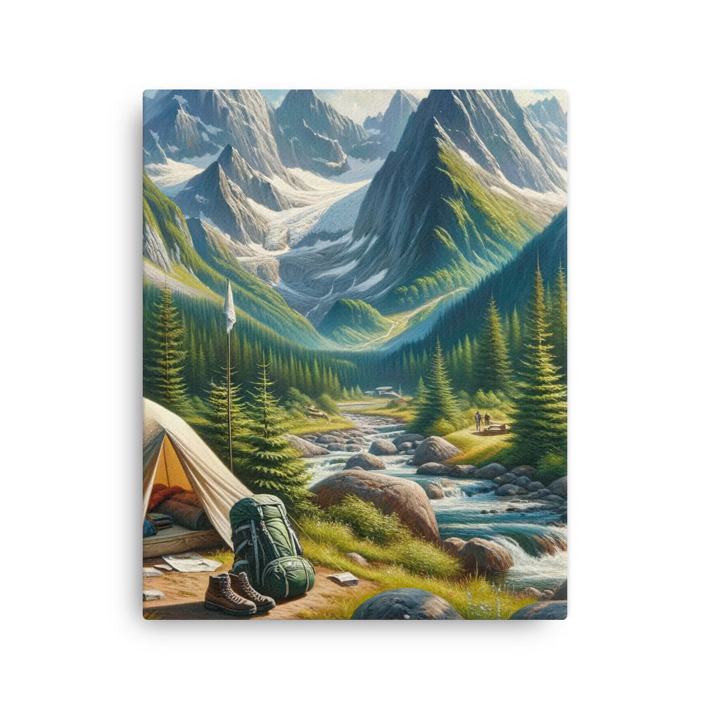 Ölgemälde der Alpensommerlandschaft mit Zelt, Gipfeln, Wäldern und Bächen - Dünne Leinwand camping xxx yyy zzz 40.6 x 50.8 cm