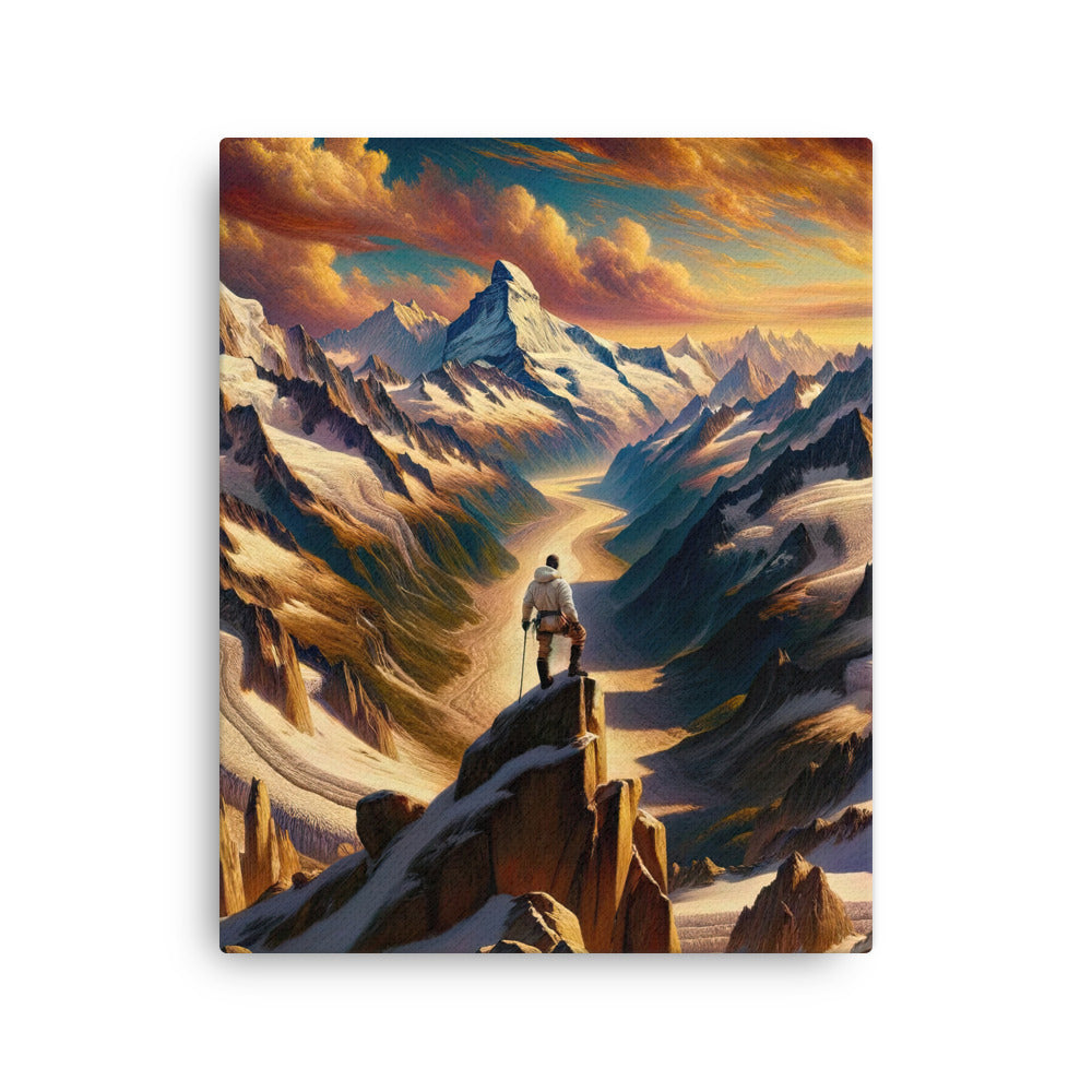 Ölgemälde eines Wanderers auf einem Hügel mit Panoramablick auf schneebedeckte Alpen und goldenen Himmel - Dünne Leinwand wandern xxx yyy zzz 40.6 x 50.8 cm