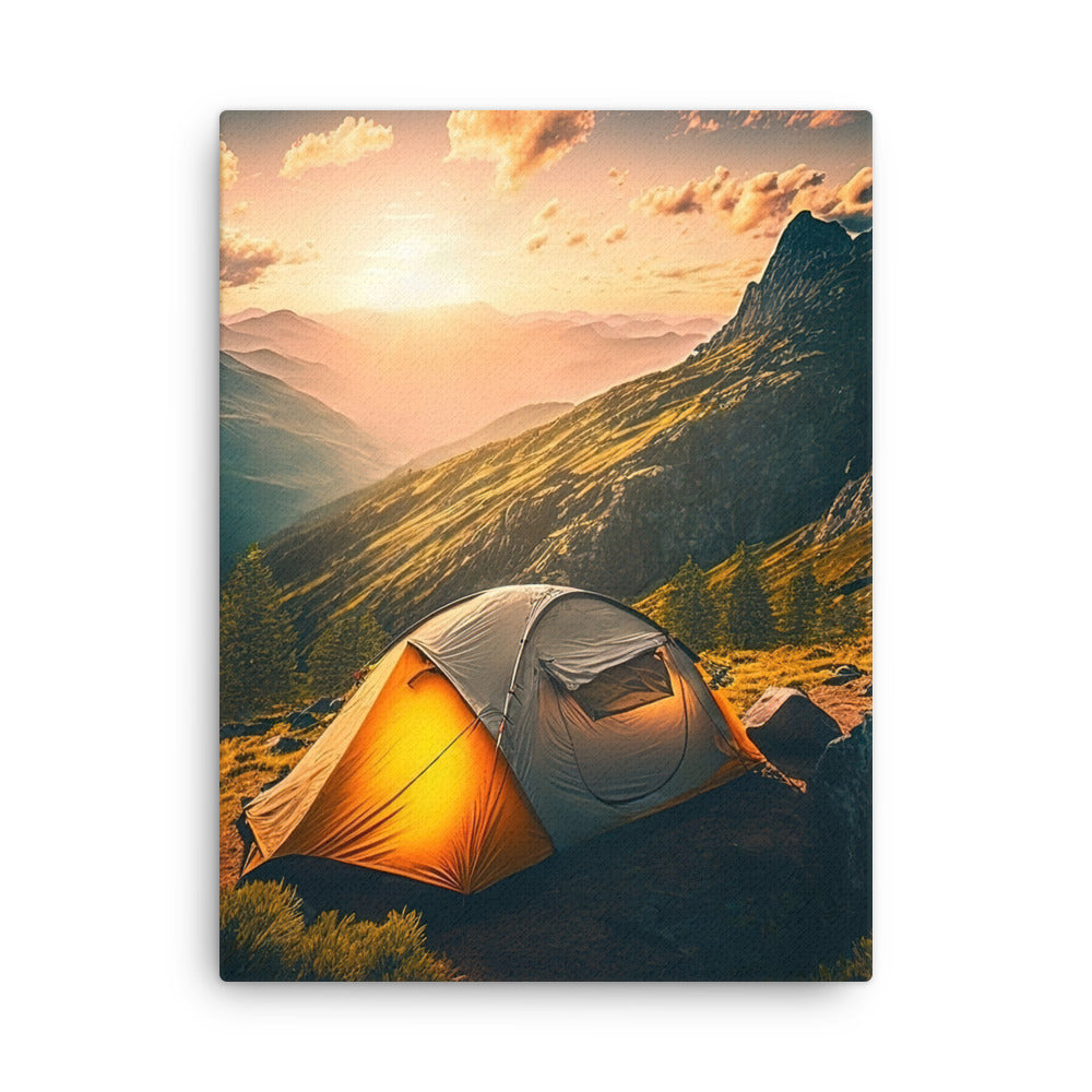 Zelt auf Berg im Sonnenaufgang - Landschafts - Dünne Leinwand camping xxx 45.7 x 61 cm