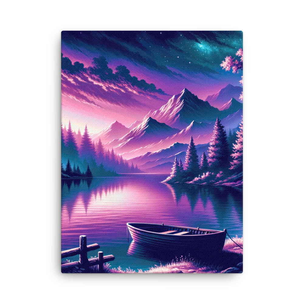 Magische Alpen-Dämmerung, rosa-lila Himmel und Bergsee mit Boot - Dünne Leinwand berge xxx yyy zzz 45.7 x 61 cm