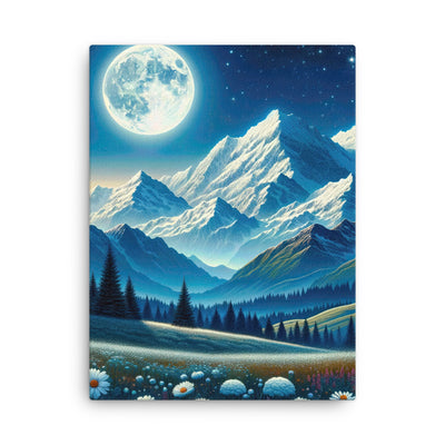 Klare frühlingshafte Alpennacht mit Blumen und Vollmond über Schneegipfeln - Dünne Leinwand berge xxx yyy zzz 45.7 x 61 cm