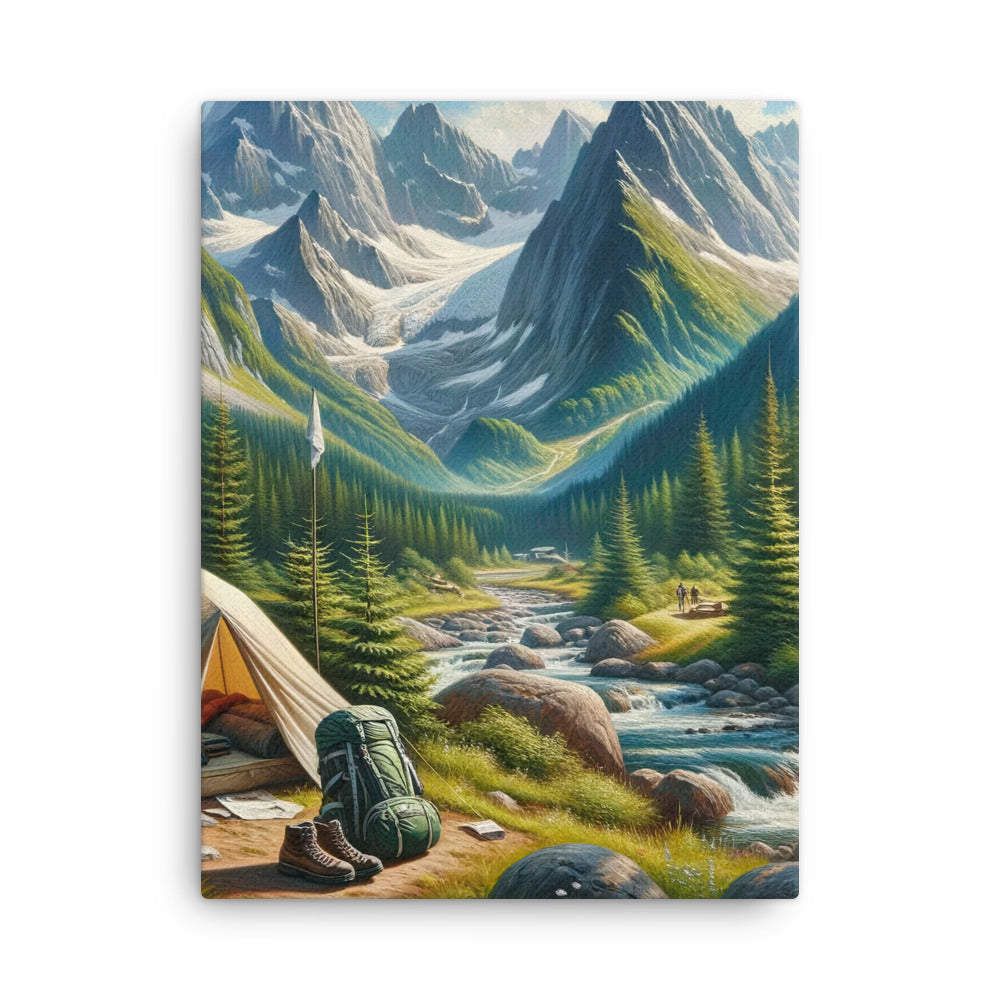 Ölgemälde der Alpensommerlandschaft mit Zelt, Gipfeln, Wäldern und Bächen - Dünne Leinwand camping xxx yyy zzz 45.7 x 61 cm