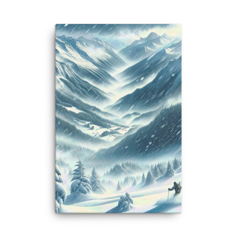 Alpine Wildnis im Wintersturm mit Skifahrer, verschneite Landschaft - Dünne Leinwand klettern ski xxx yyy zzz 61 x 91.4 cm