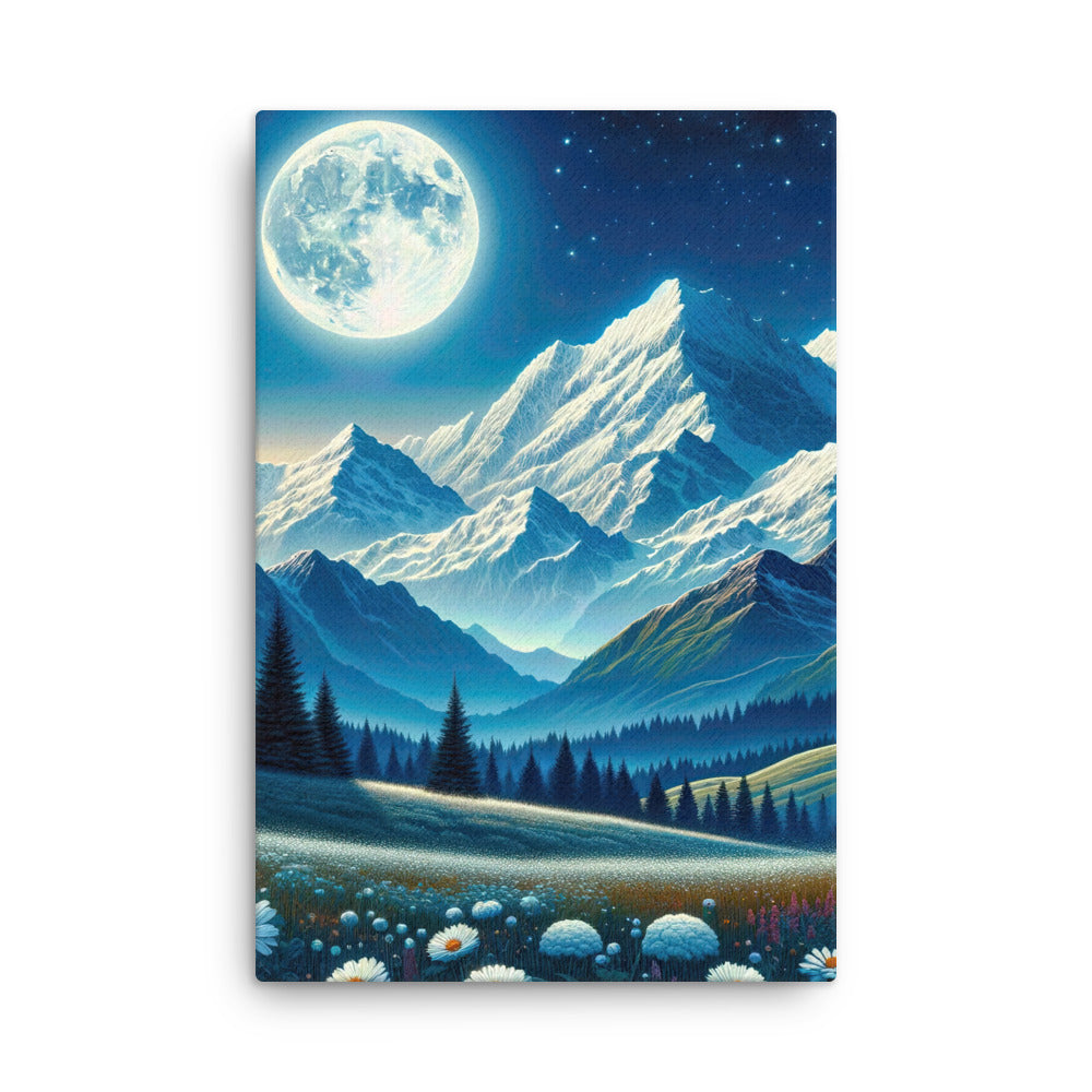 Klare frühlingshafte Alpennacht mit Blumen und Vollmond über Schneegipfeln - Dünne Leinwand berge xxx yyy zzz 61 x 91.4 cm