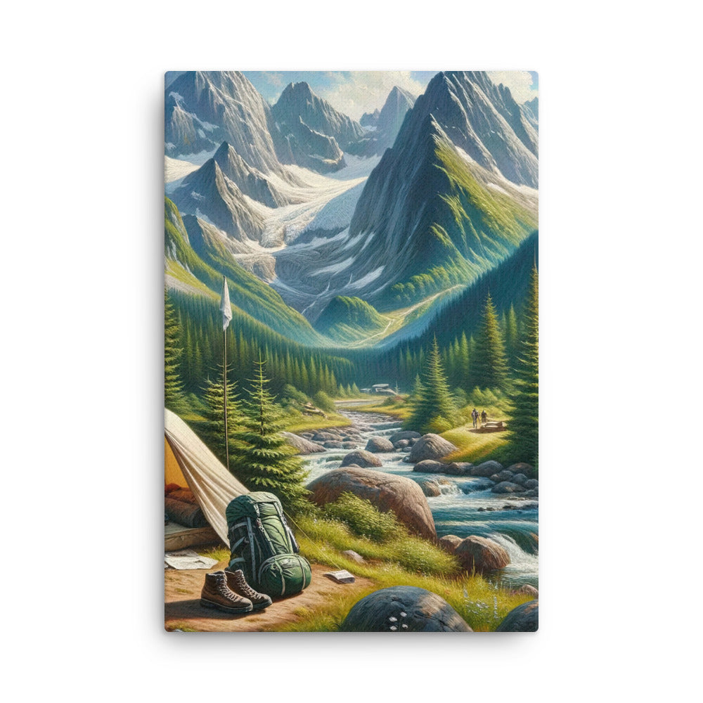 Ölgemälde der Alpensommerlandschaft mit Zelt, Gipfeln, Wäldern und Bächen - Dünne Leinwand camping xxx yyy zzz 61 x 91.4 cm