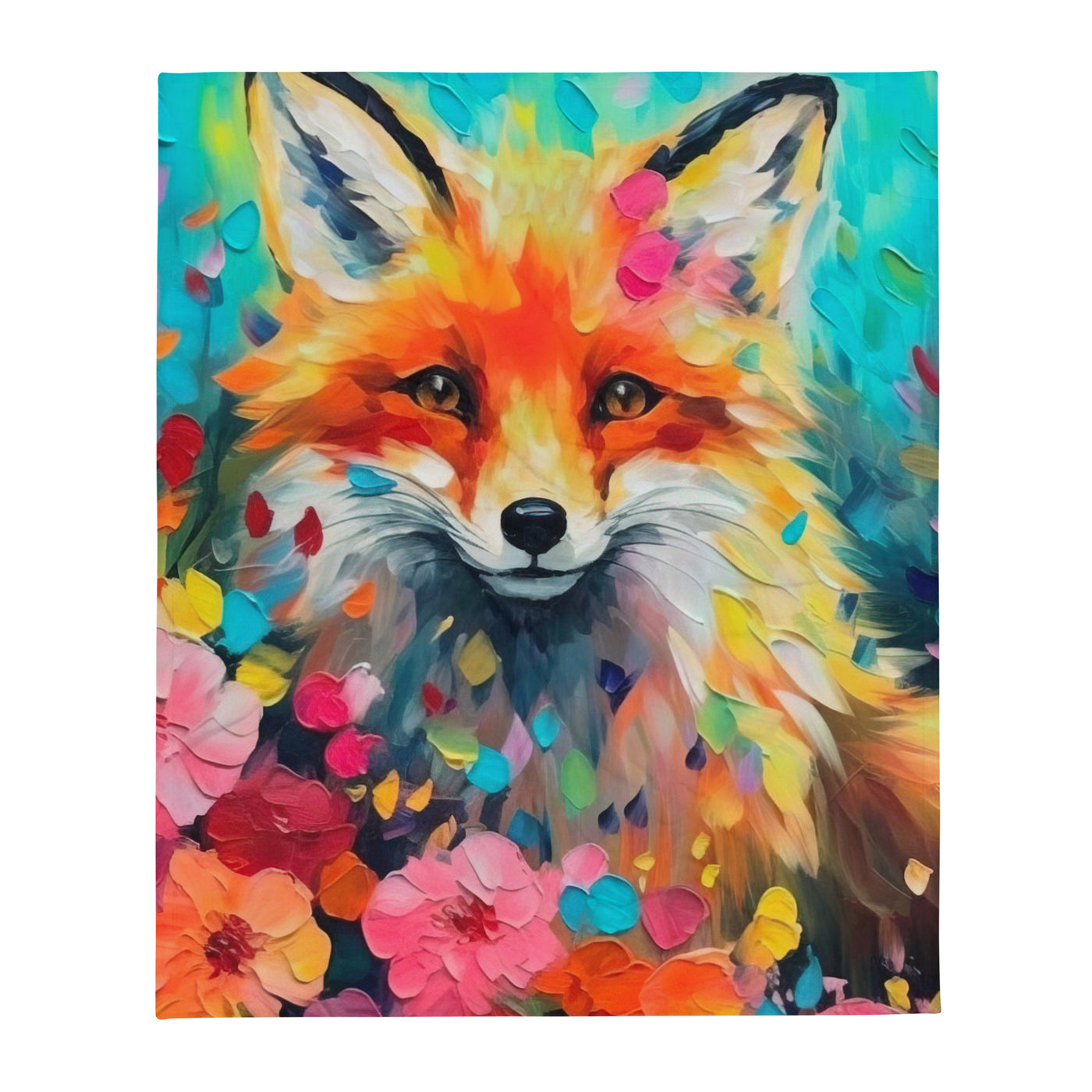 Schöner Fuchs im Blumenfeld - Farbige Malerei - Überwurfdecke camping xxx 127 x 152.4 cm