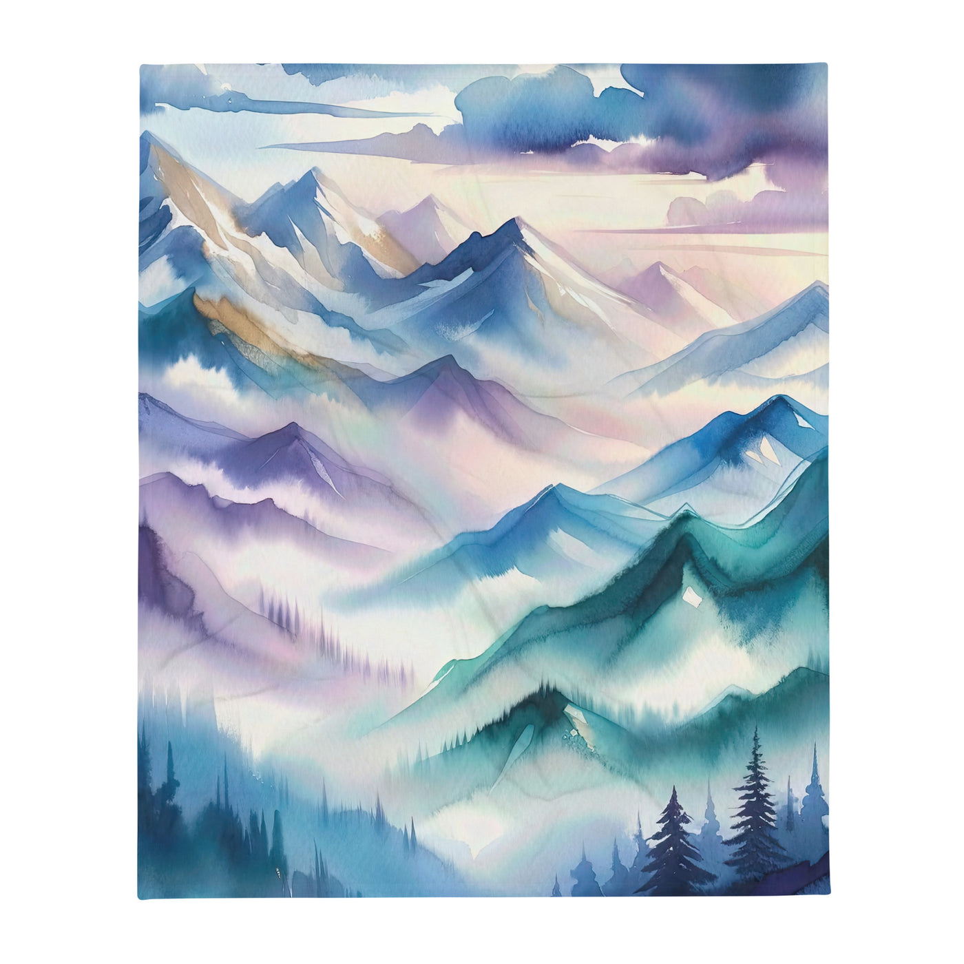 Ein Aquarellgemälde der Alpen in einem sanften, traumhaften Stil. Die Berge werden in Strichen mit Gold wiedergegeben - Überwurfdecke berge xxx yyy zzz 127 x 152.4 cm