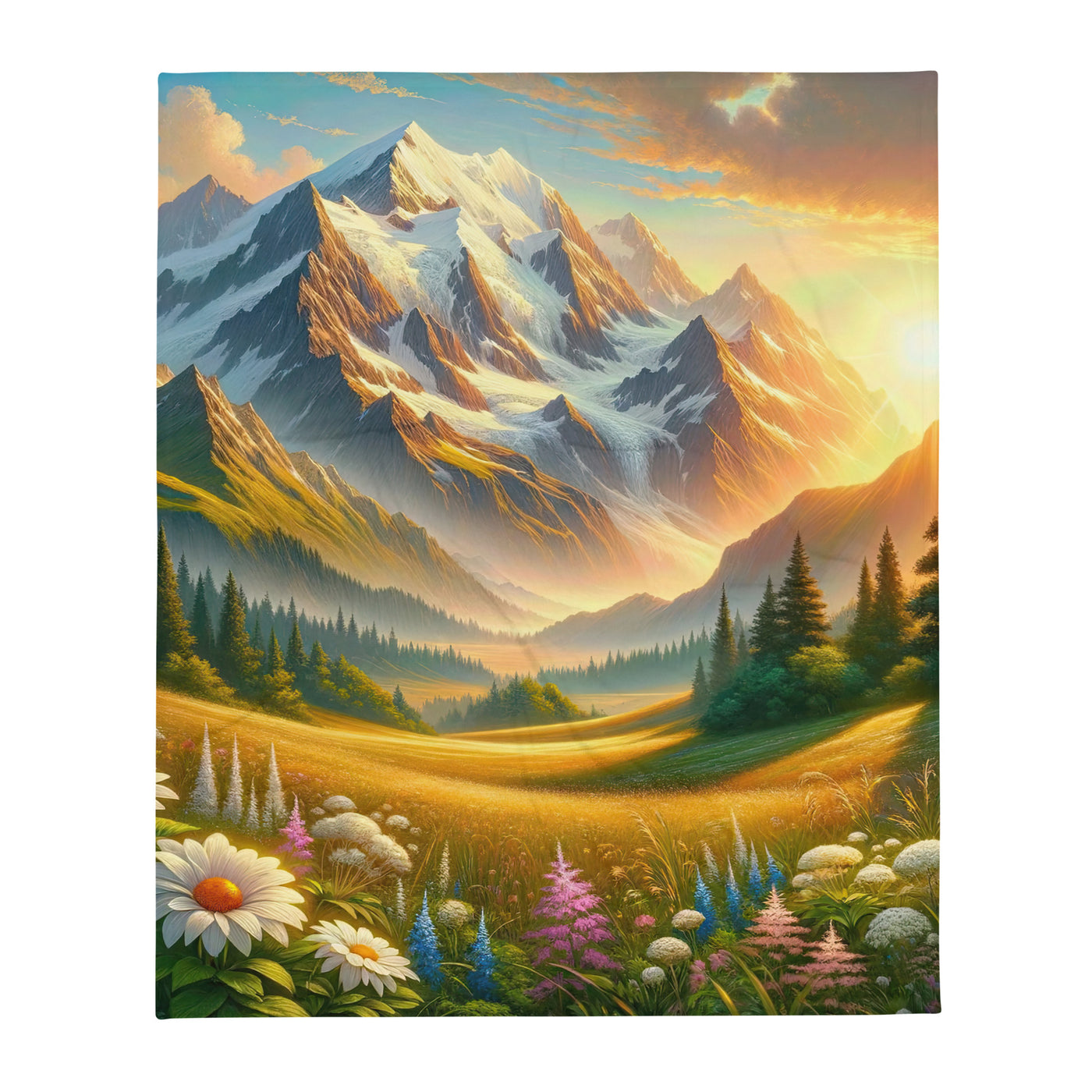 Heitere Alpenschönheit: Schneeberge und Wildblumenwiesen - Überwurfdecke berge xxx yyy zzz 127 x 152.4 cm