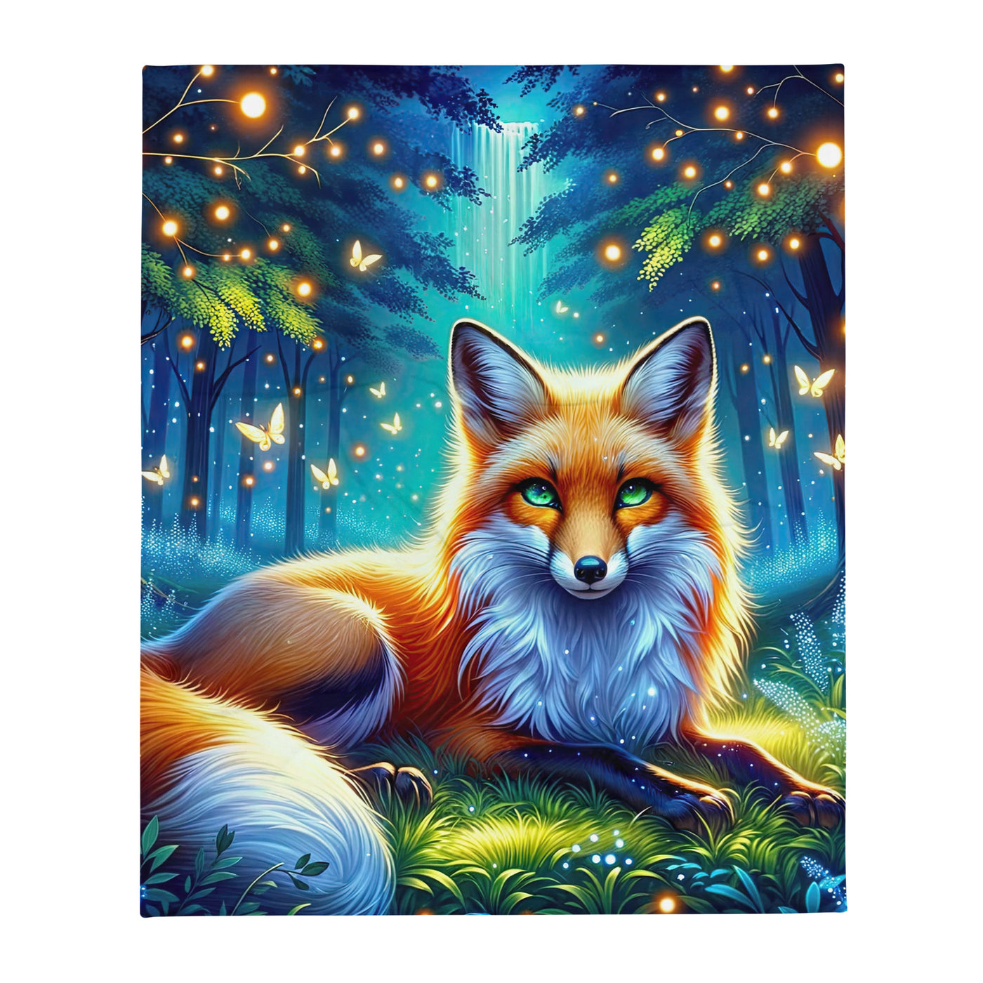 Funkelnder Nachtfuchs auf Waldlichtung mit Feuerwerk - Überwurfdecke camping xxx yyy zzz 127 x 152.4 cm