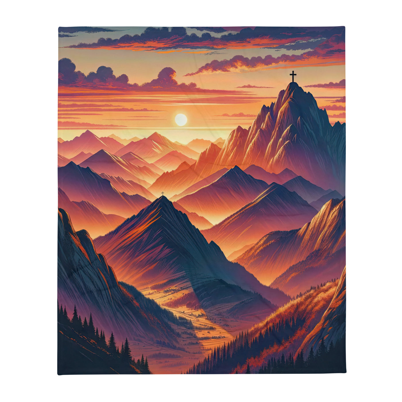 Dramatischer Alpen-Sonnenuntergang, Gipfelkreuz in Orange-Rosa - Überwurfdecke berge xxx yyy zzz 127 x 152.4 cm