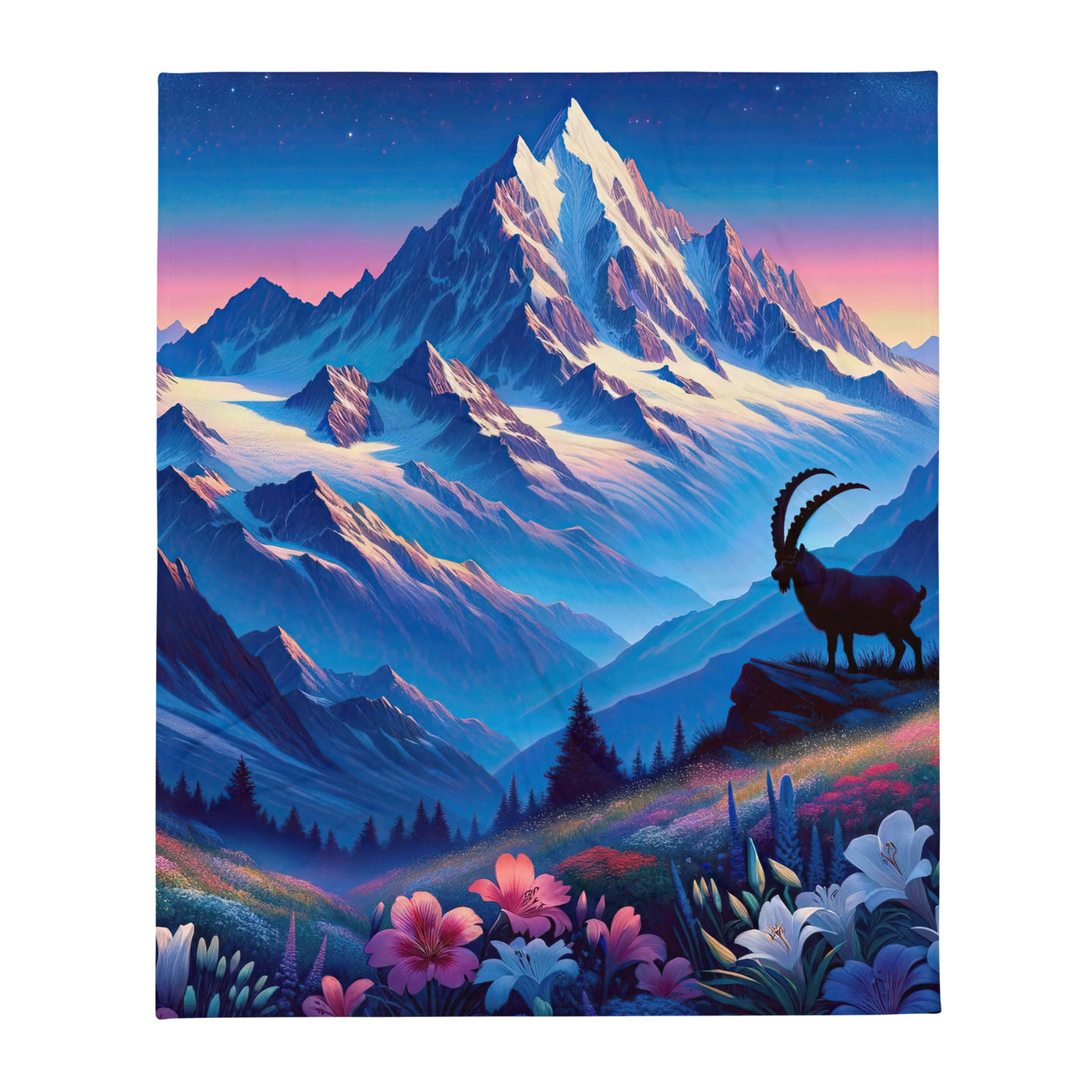 Steinbock bei Dämmerung in den Alpen, sonnengeküsste Schneegipfel - Überwurfdecke berge xxx yyy zzz 127 x 152.4 cm