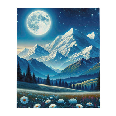 Klare frühlingshafte Alpennacht mit Blumen und Vollmond über Schneegipfeln - Überwurfdecke berge xxx yyy zzz 127 x 152.4 cm