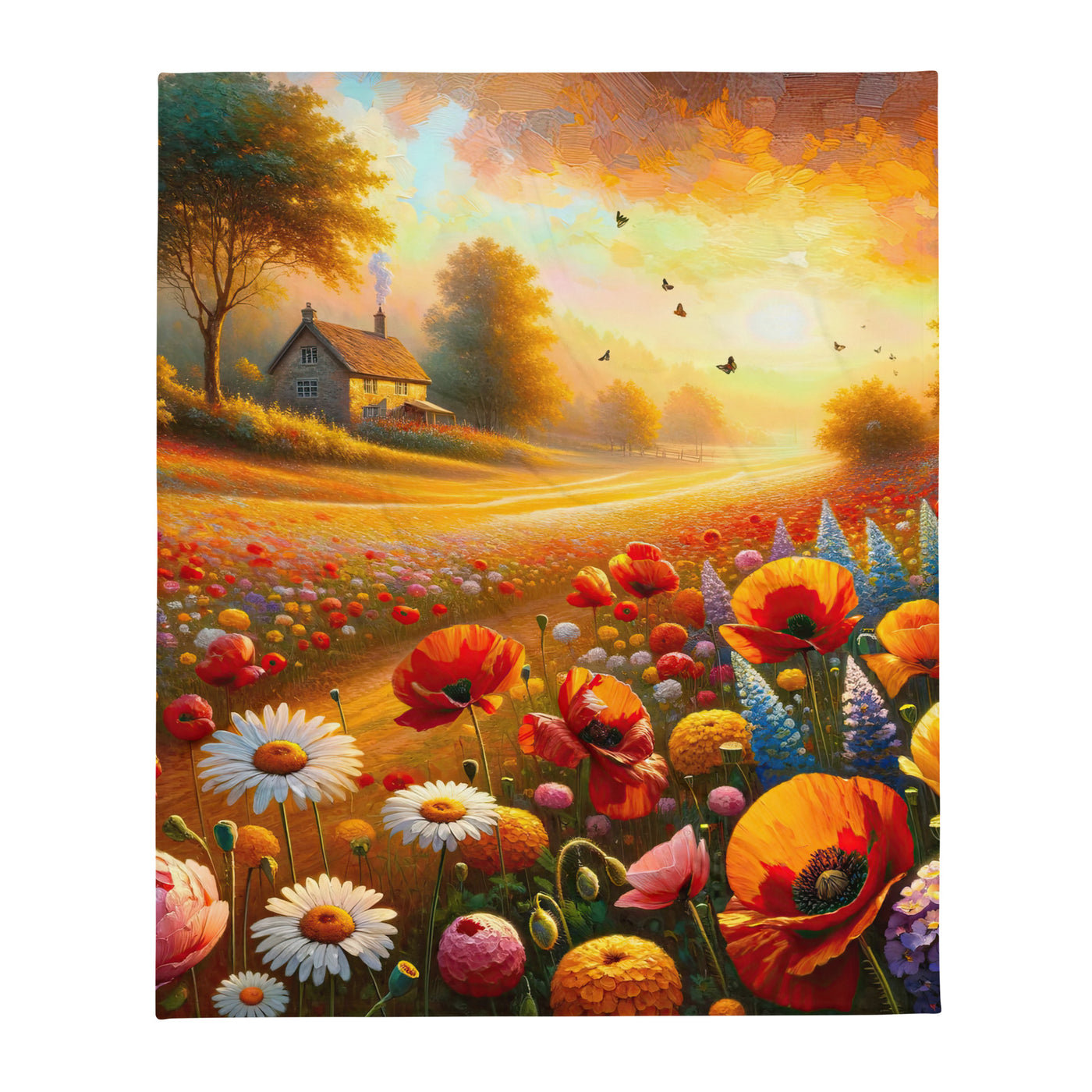 Ölgemälde eines Blumenfeldes im Sonnenuntergang, leuchtende Farbpalette - Überwurfdecke camping xxx yyy zzz 127 x 152.4 cm