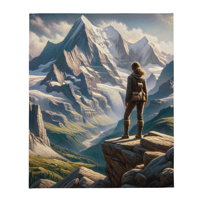 Ölgemälde der Alpengipfel mit Schweizer Abenteurerin auf Felsvorsprung - Überwurfdecke wandern xxx yyy zzz 127 x 152.4 cm