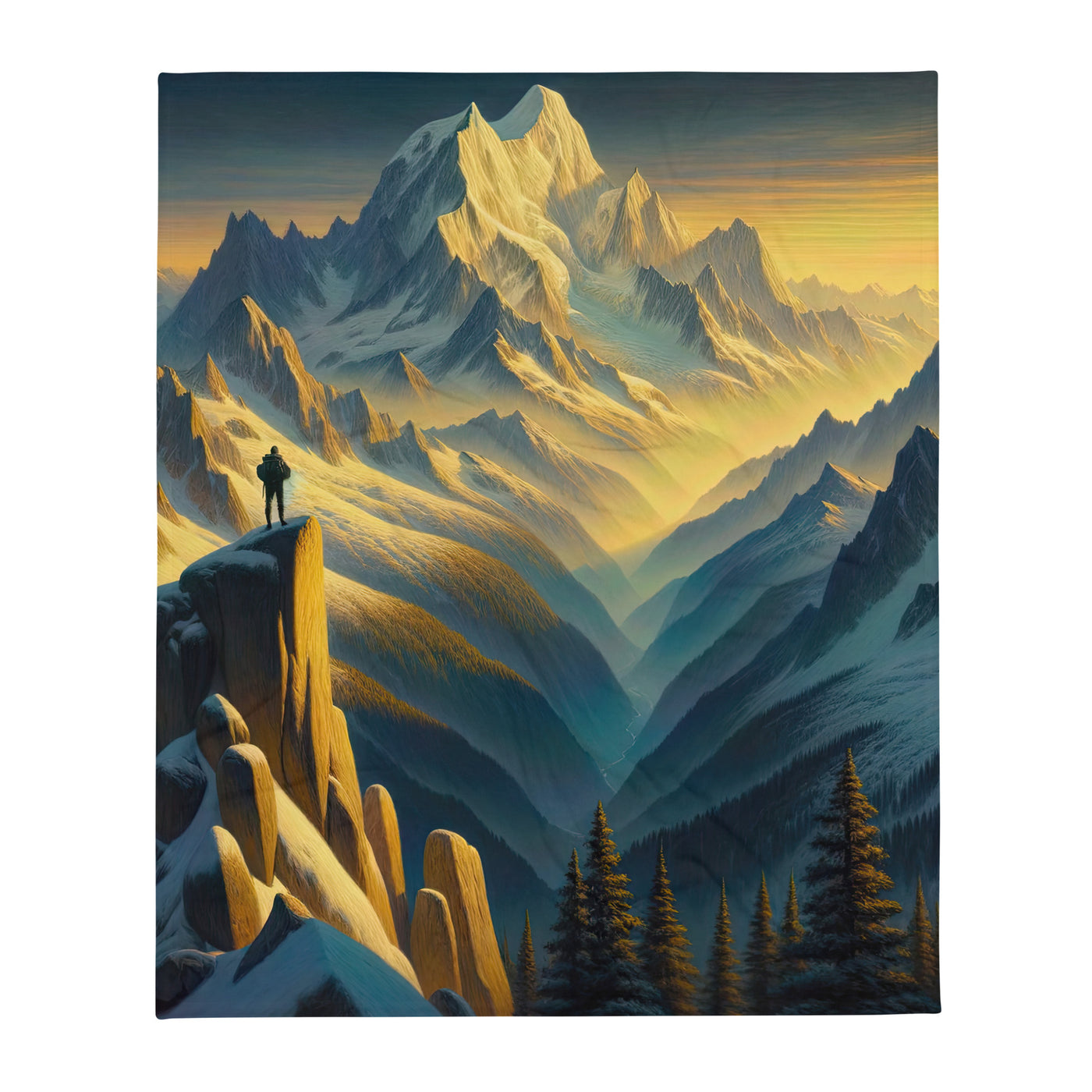 Ölgemälde eines Wanderers bei Morgendämmerung auf Alpengipfeln mit goldenem Sonnenlicht - Überwurfdecke wandern xxx yyy zzz 127 x 152.4 cm