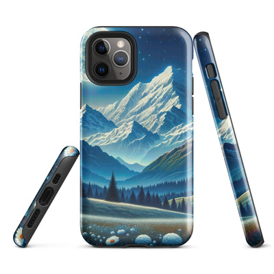 Klare frühlingshafte Alpennacht mit Blumen und Vollmond über Schneegipfeln - iPhone Schutzhülle (robust) berge xxx yyy zzz iPhone 11 Pro