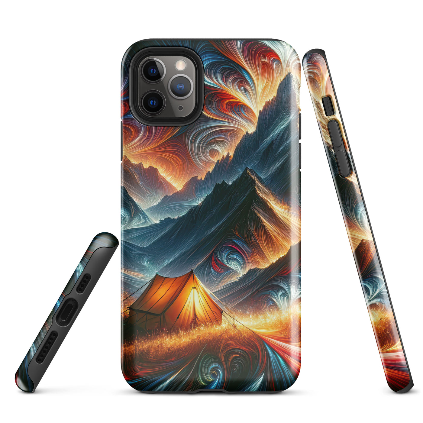 Abstrakte Kunst der Alpen, wo die Berge mit dynamischen Farben und Mustern pulsieren und eine Szene Energie schaffen - Tough Case for camping xxx yyy zzz iPhone 11 Pro Max