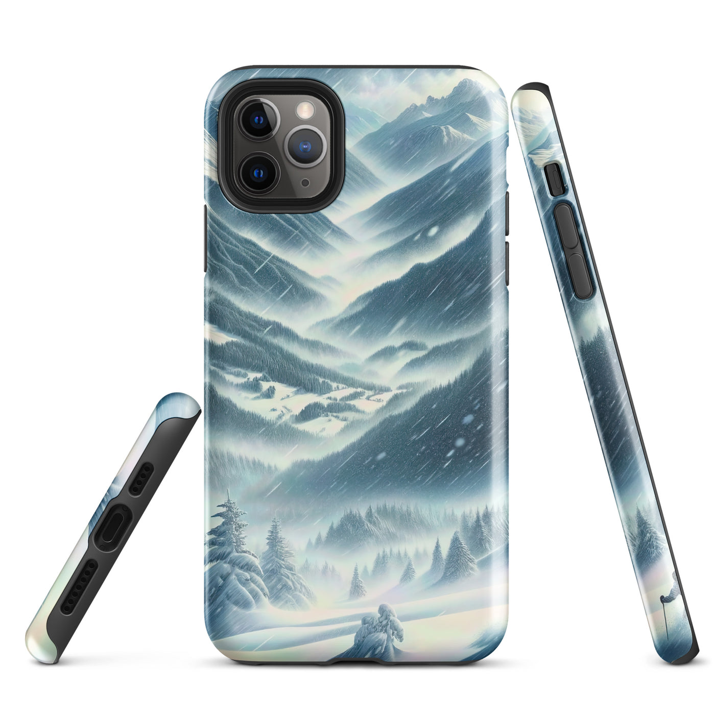 Alpine Wildnis im Wintersturm mit Skifahrer, verschneite Landschaft - iPhone Schutzhülle (robust) klettern ski xxx yyy zzz iPhone 11 Pro Max