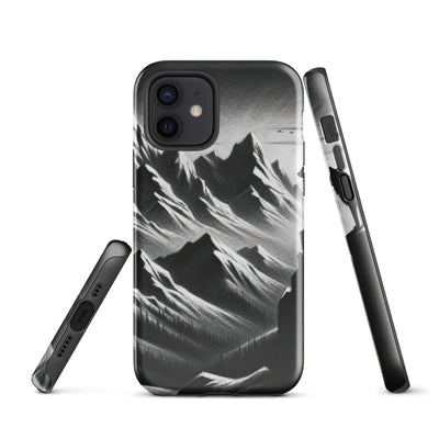 Kohlezeichnung, die die stille Stille der Alpen in der Winterdämmerung verkörpert. Wolf auf einem Berghügel (AN) - iPhone Schutzhülle (robust) xxx yyy zzz iPhone 12