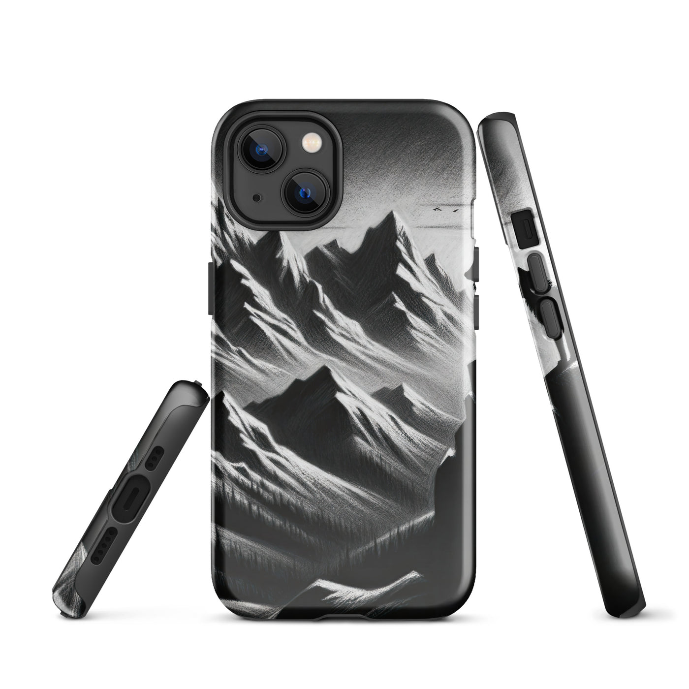 Kohlezeichnung, die die stille Stille der Alpen in der Winterdämmerung verkörpert. Wolf auf einem Berghügel (AN) - iPhone Schutzhülle (robust) xxx yyy zzz iPhone 13