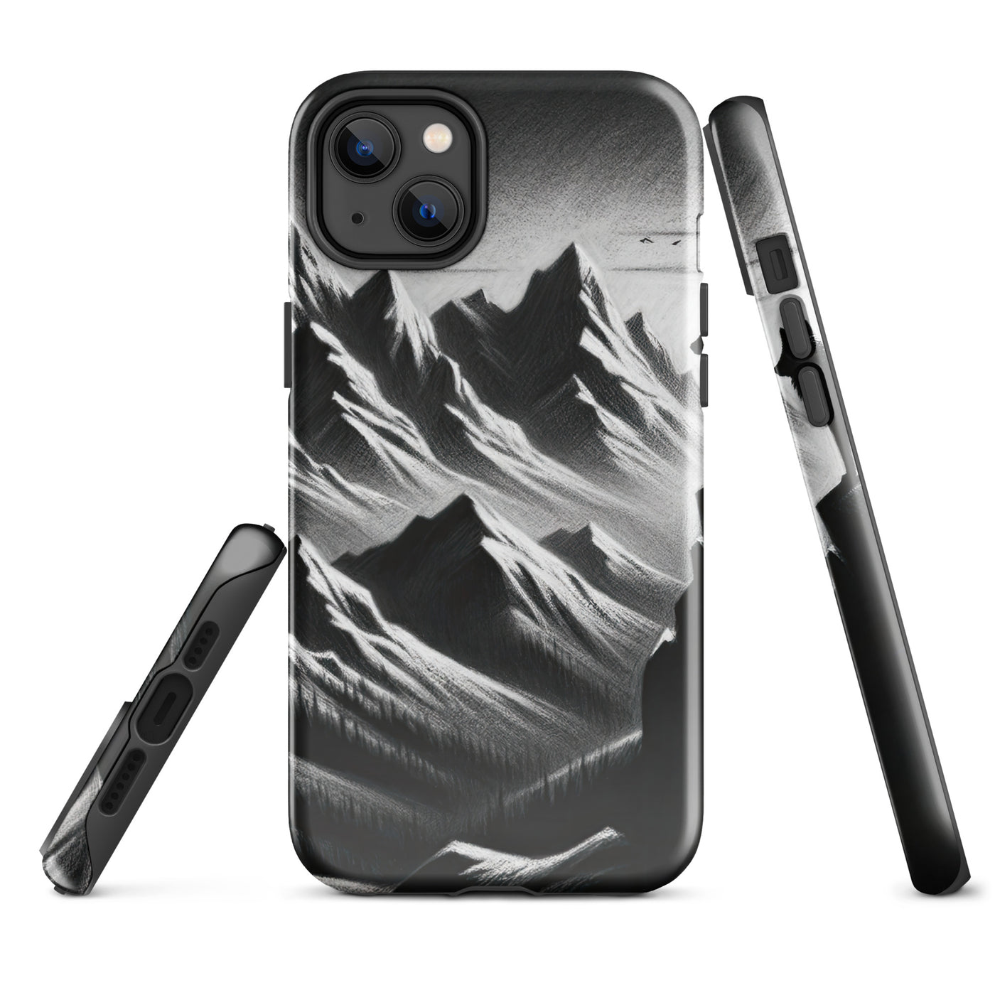 Kohlezeichnung, die die stille Stille der Alpen in der Winterdämmerung verkörpert. Wolf auf einem Berghügel (AN) - iPhone Schutzhülle (robust) xxx yyy zzz iPhone 14 Plus