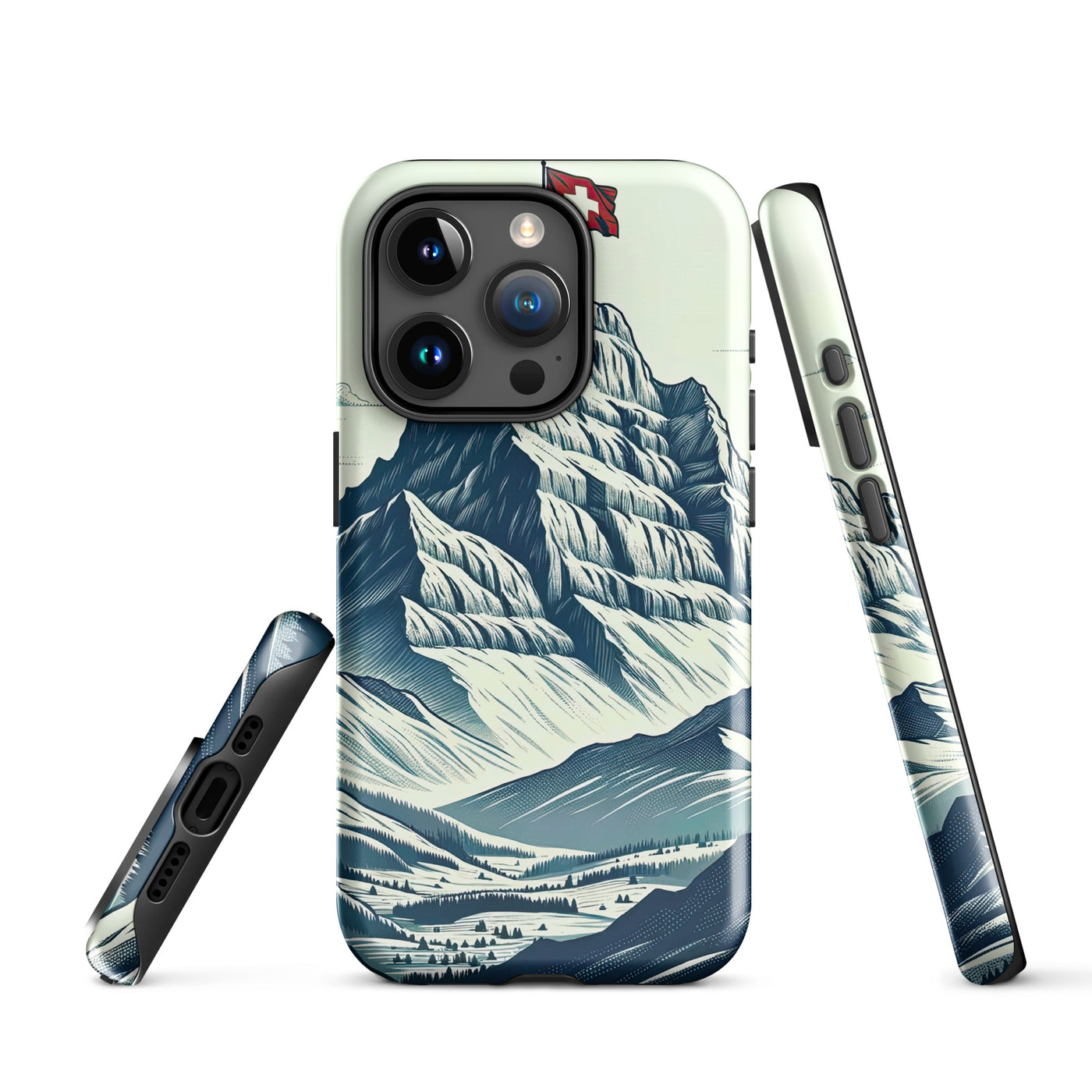 Ausgedehnte Bergkette mit dominierendem Gipfel und wehender Schweizer Flagge - iPhone Schutzhülle (robust) berge xxx yyy zzz iPhone 15 Pro