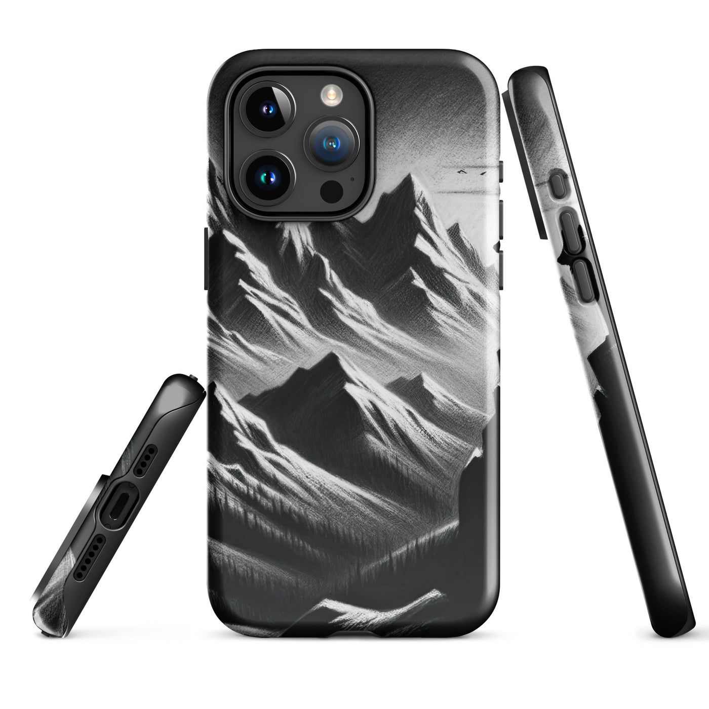 Kohlezeichnung, die die stille Stille der Alpen in der Winterdämmerung verkörpert. Wolf auf einem Berghügel (AN) - iPhone Schutzhülle (robust) xxx yyy zzz iPhone 15 Pro Max