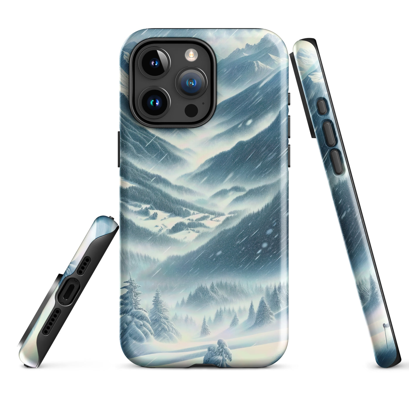 Alpine Wildnis im Wintersturm mit Skifahrer, verschneite Landschaft - iPhone Schutzhülle (robust) klettern ski xxx yyy zzz iPhone 15 Pro Max