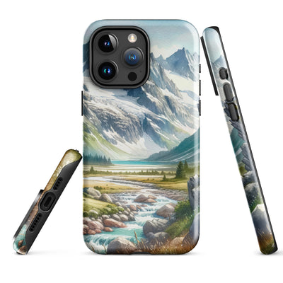 Aquarellmalerei eines Bären und der sommerlichen Alpenschönheit mit schneebedeckten Ketten - iPhone Schutzhülle (robust) camping xxx yyy zzz iPhone 15 Pro Max