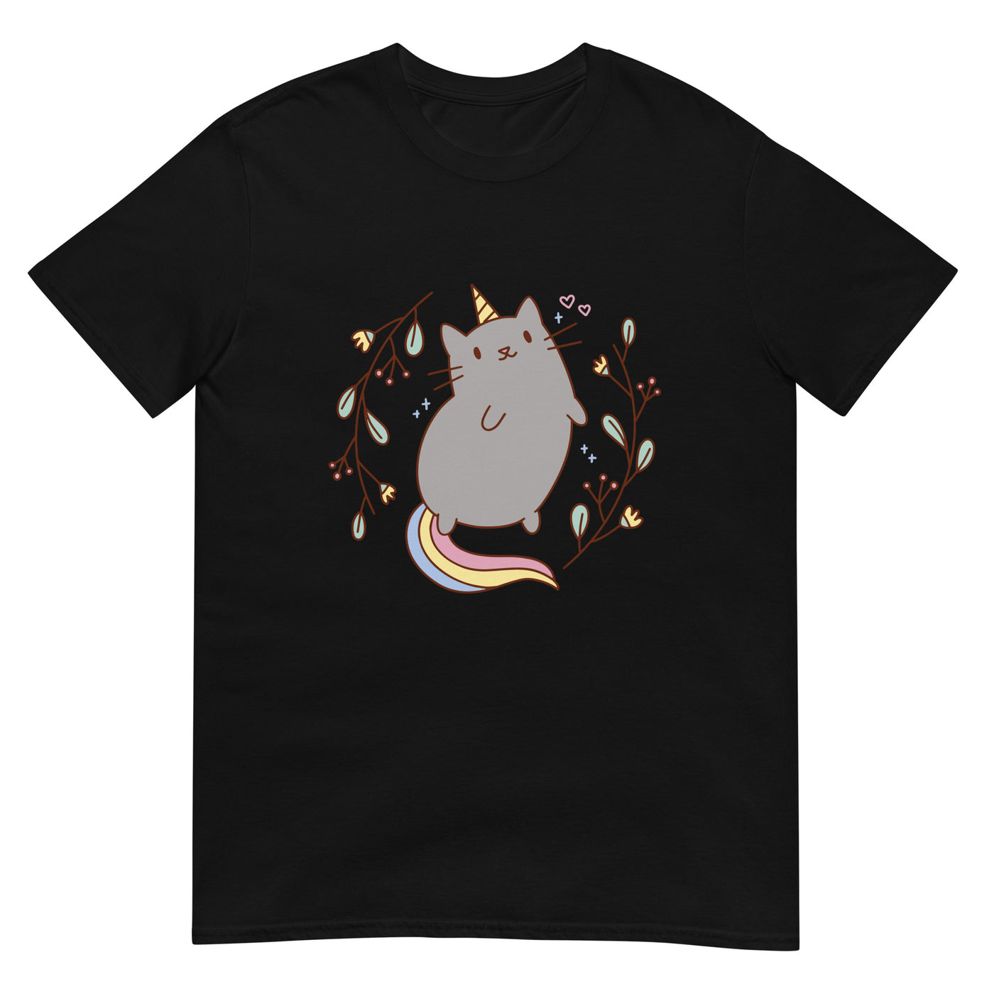 Einhornkatze mit Regenbogenschwanz und Blumenzweigen - Herren T-Shirt Other_Niches xxx yyy zzz Black