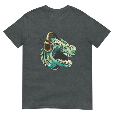 T-Rex mit Headset hört Musik und ist aggressiv wütend - Herren T-Shirt Other_Niches xxx yyy zzz Dark Heather