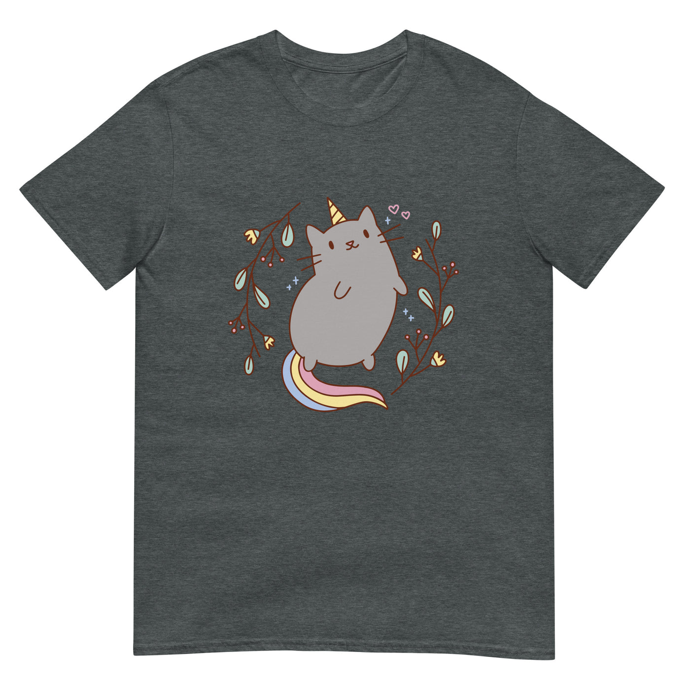 Einhornkatze mit Regenbogenschwanz und Blumenzweigen - Herren T-Shirt Other_Niches xxx yyy zzz Dark Heather