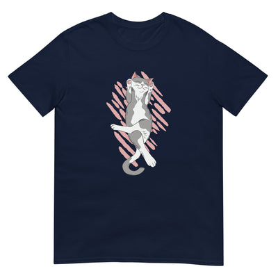 Fröhliche Katze streckt sich mit rosa Hintergrund - Herren T-Shirt Other_Niches xxx yyy zzz Navy