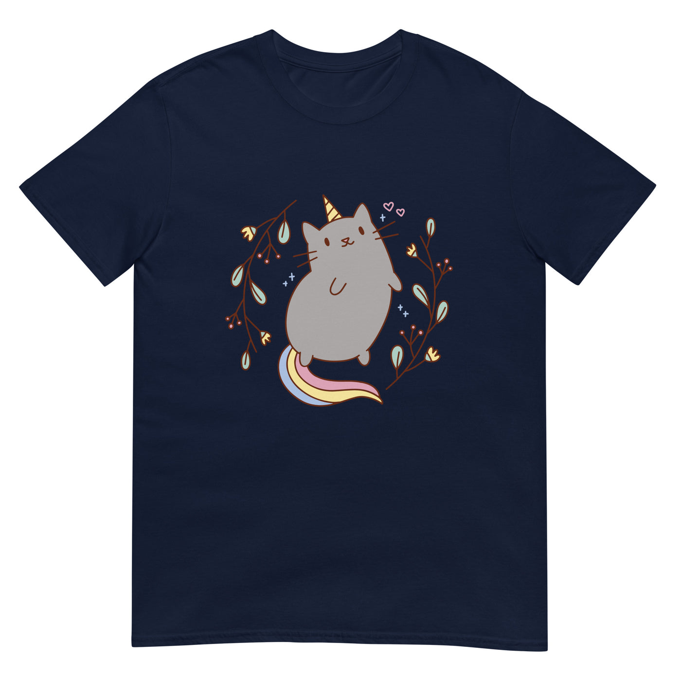 Einhornkatze mit Regenbogenschwanz und Blumenzweigen - Herren T-Shirt Other_Niches xxx yyy zzz Navy