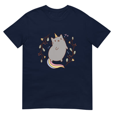 Einhornkatze mit Regenbogenschwanz und Blumenzweigen - Herren T-Shirt Other_Niches xxx yyy zzz Navy