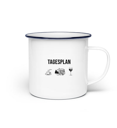 Tagesplan Kaffee, Camping und Wein - Emaille Tasse camping