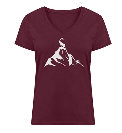 Steinbock am Berg - Damen Organic V-Neck Shirt Weinrot