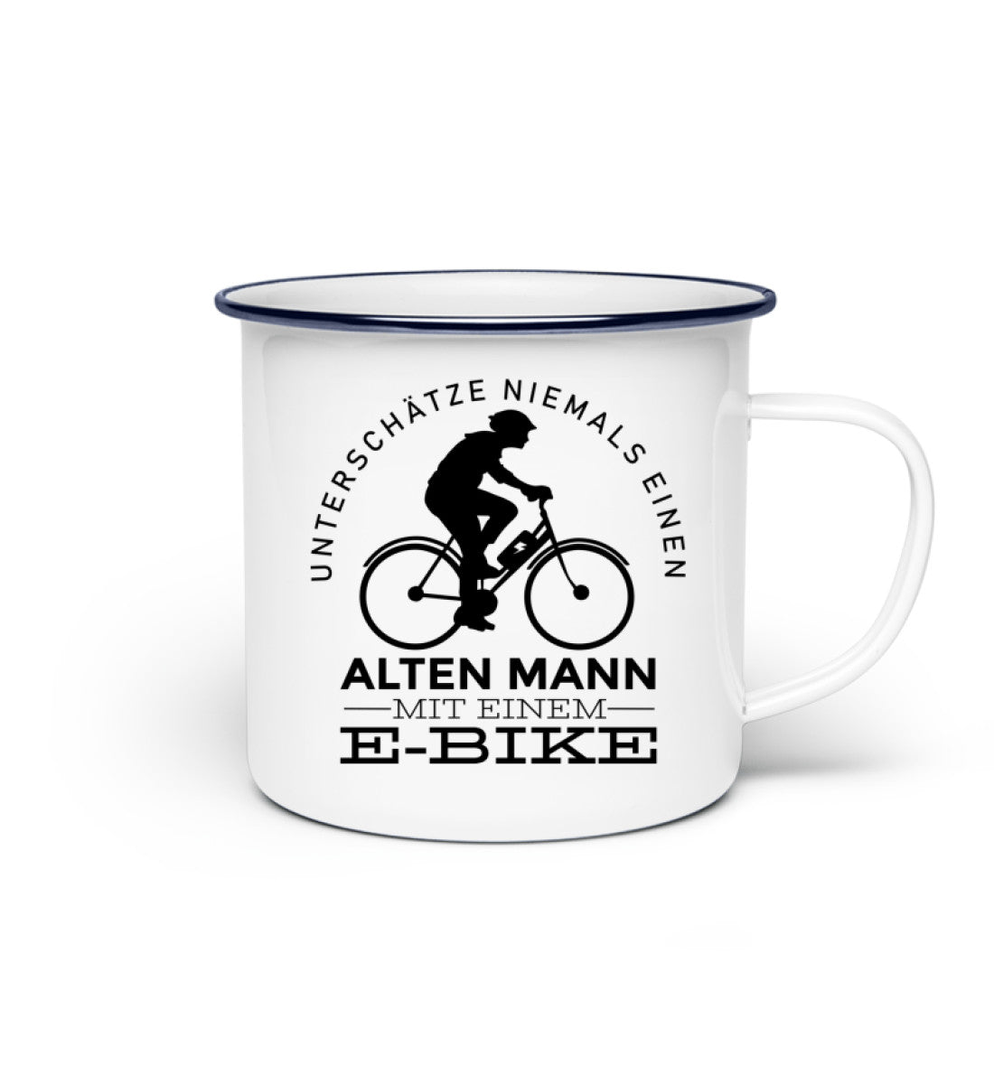 Alter Mann mit einem E-Bike - Emaille Tasse e-bike