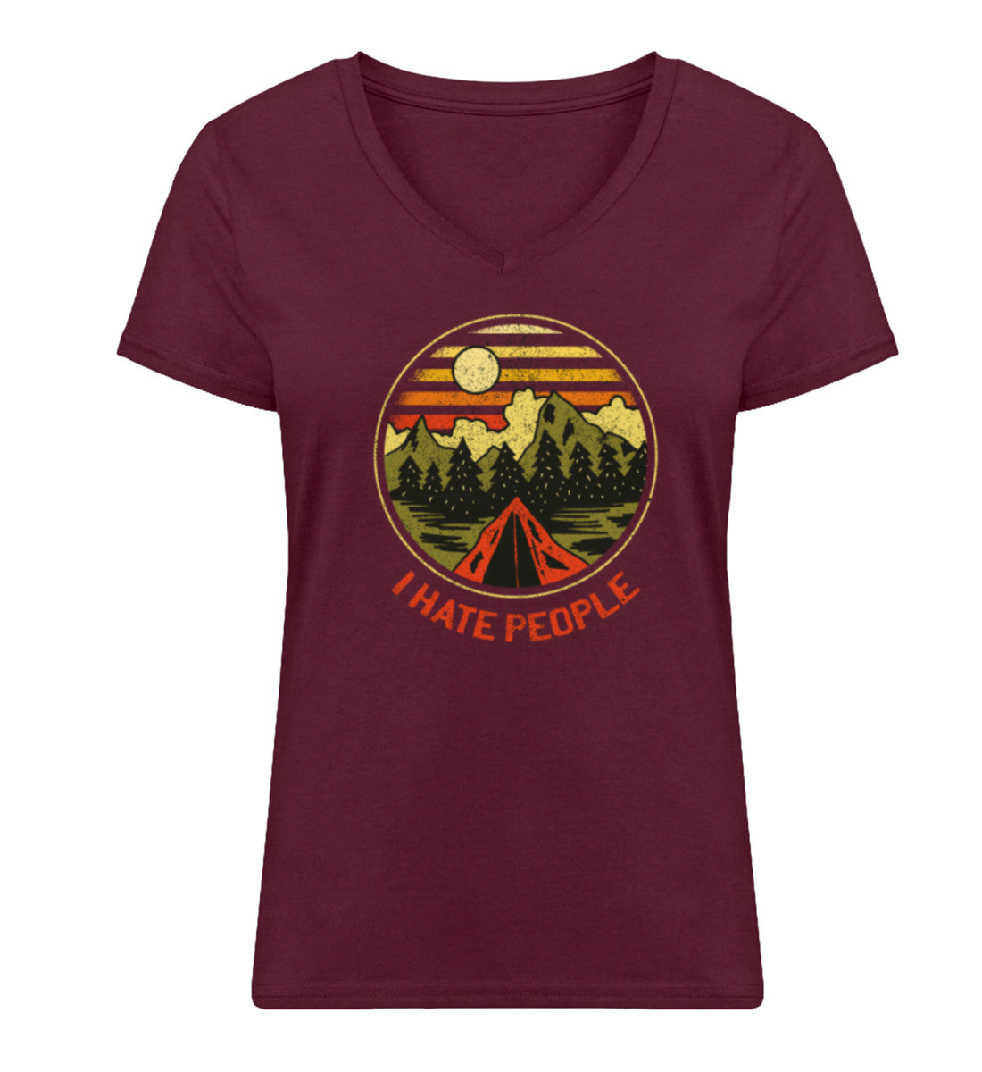 I Hate People - Damen Organic V-Neck Shirt camping Weinrot