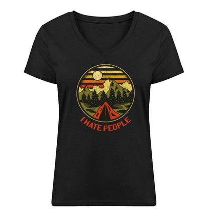 I Hate People - Damen Organic V-Neck Shirt camping Schwarz