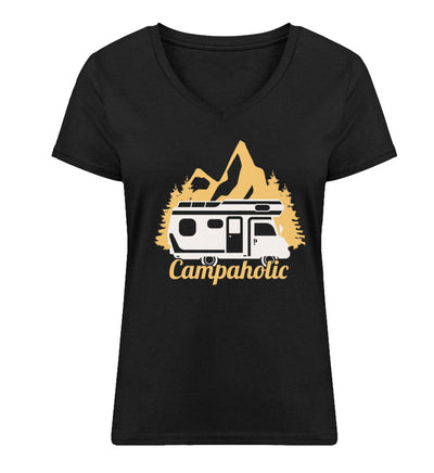 Campaholic. - Damen Organic V-Neck Shirt camping Schwarz