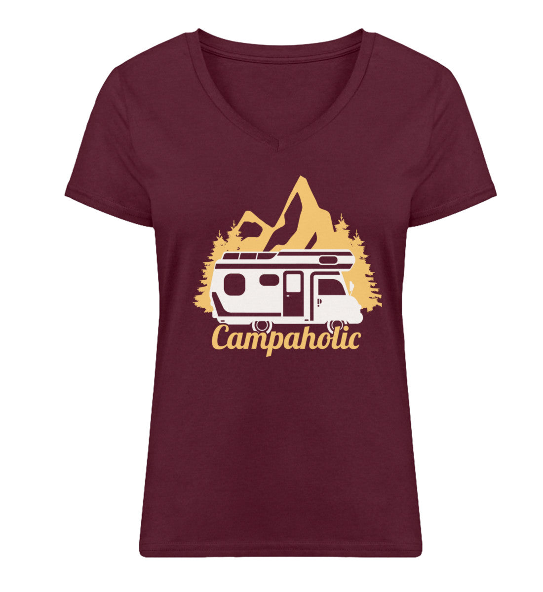 Campaholic. - Damen Organic V-Neck Shirt camping Weinrot