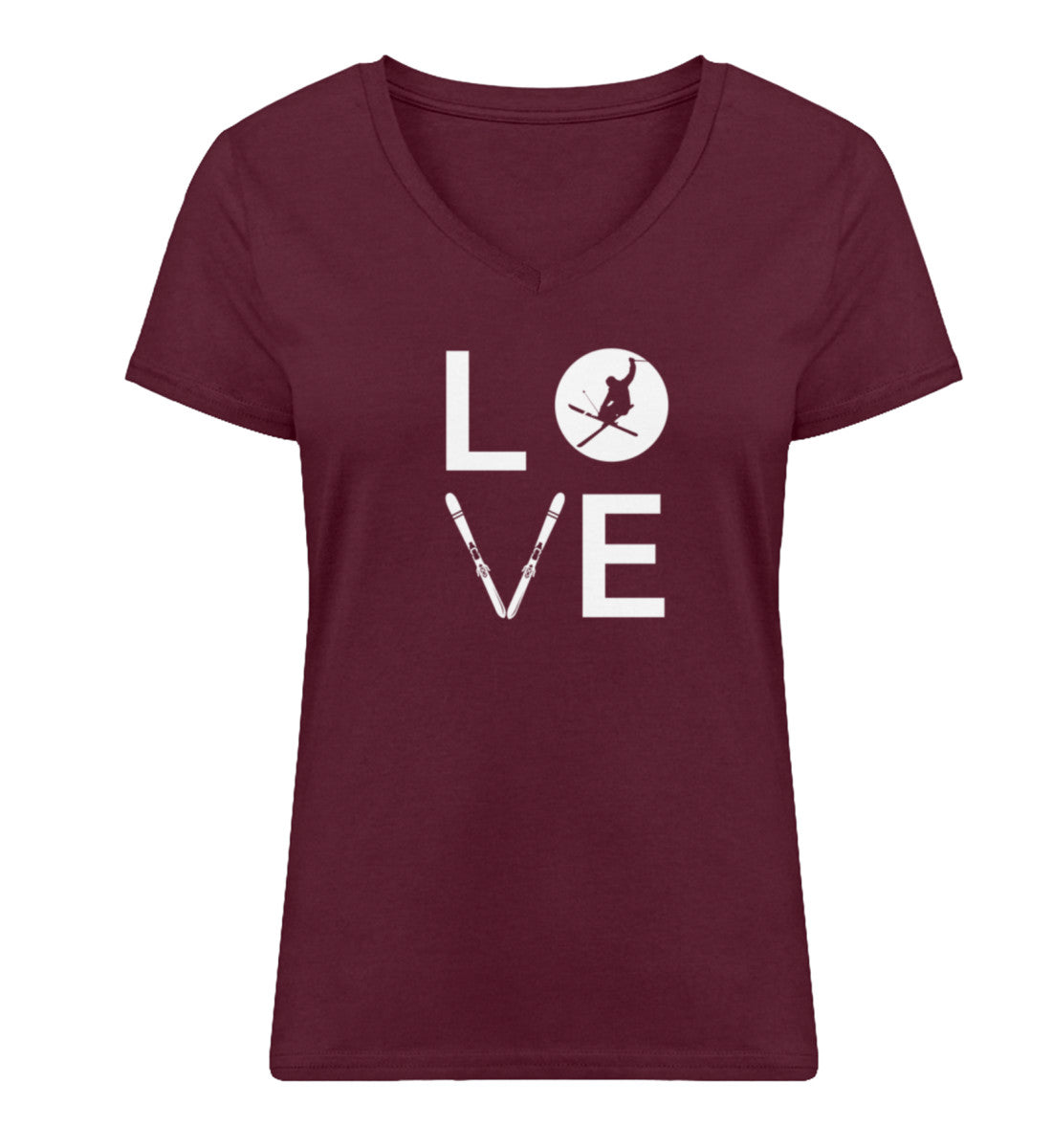 LOVE - Damen Organic V-Neck Shirt ski Weinrot