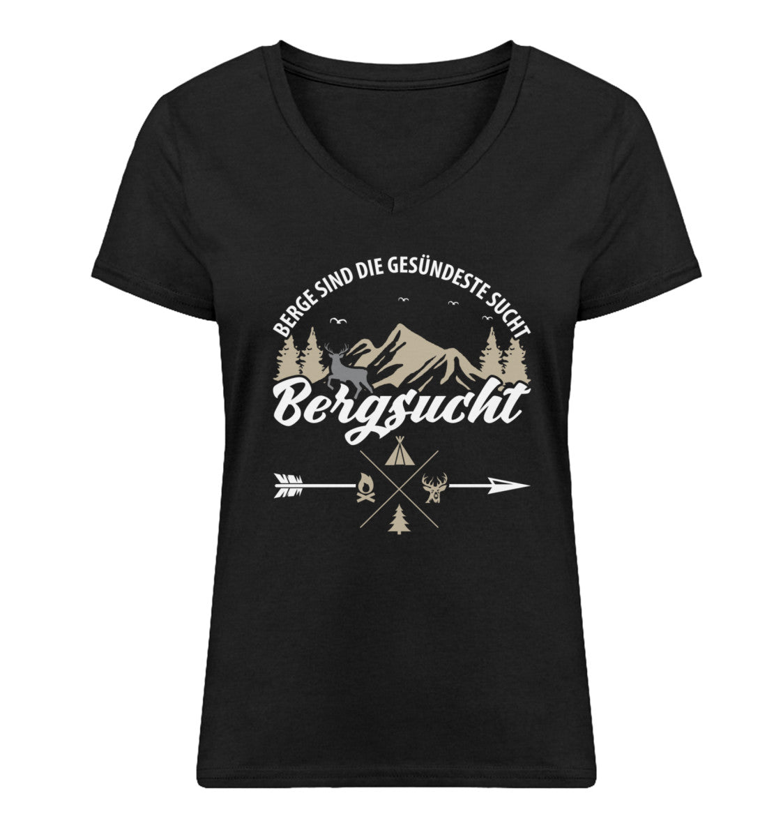 Bergsucht - Damen Organic V-Neck Shirt berge klettern Schwarz