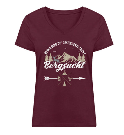 Bergsucht - Damen Organic V-Neck Shirt berge klettern Weinrot