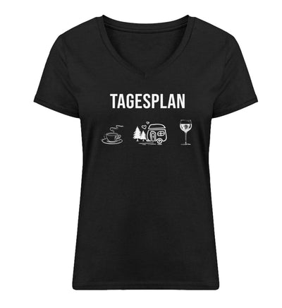 Tagesplan Kaffee, Camping und Wein - Damen Organic V-Neck Shirt camping Schwarz