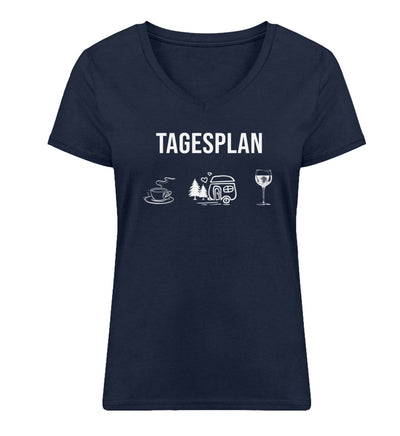 Tagesplan Kaffee, Camping und Wein - Damen Organic V-Neck Shirt camping Navyblau